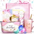 Jumway Christmas Gifts for Mom Gifts Basket, Birthday Gifts for Mom Birthday Gifts Set Include 14Oz Ceramic Mug, Hand Cream, Soy Wax Candle, Bath Bomb Scented Soap Make-up Bag