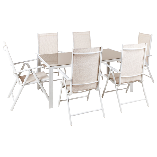 Gartenmöbel Set Beige Glas Aluminium Stoffbespannung 7-Teilig 6-Sitzer Modern Tisch 160 x 91 cm und 6 Stühle Terrasse Outdoor Ausstattung