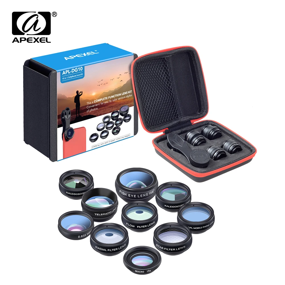APEXEL – kit d'objectif de téléphone universel 10 en 1, objectif macro grand Angle Fisheye, filtre CPL kaléidoscope + objectif de télescope 2X pour smartphone