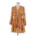 Inspired Hearts Casual Dress - Mini Plunge 3/4 sleeves: Yellow Floral Dresses - Women's Size X-Large