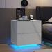 Nightstand with LED Strip Lights, Marble Finish Sofa Side Table with 2 Drawers, End Table Coffee Table for Hallway, White