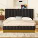 Black Colorful LED Lights Strip Queen Platform Bed Frame w/ Leather Headboard Bed, Hydraulic Storage Bed w/ Sockets, USB Ports