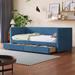 Blue Stripe Corduroy-tufted Daybed Twin Frame w/ 2 Drawers-No Box Spring Needed-Wood Slat Support Bed Frame-Noble Storage Bed