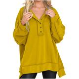 50% Up Clearance Plain Pullover Sweatshirts Ladies Oversized Sweatshirt Casual Long Sleeve Button Henley Neck Vintage Tunic Tops (Large Yellow)