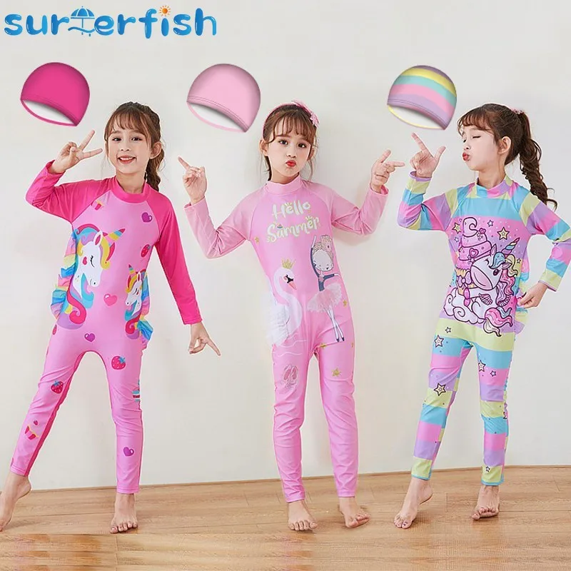 Kinder Neoprenanzug Langarm Surfanzug Regenbogen Stern Einhorn Tauchen Schnorcheln Schwimmen Overall Tauchbadebekleidung Mädchen mit Kappe Image