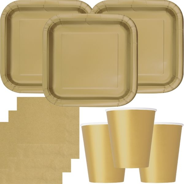 Party Deko Set gold Einweggeschirr für 14 Personen eckige Teller, Becher, Servietten Image