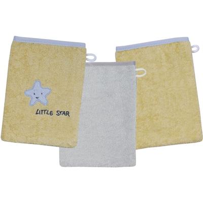 Waschhandschuh WÖRNER "Little Star Waschhandschuh 3er Set", gelb (gelb, chrom), B:15cm L:21cm, Obermaterial: 100% Baumwolle, Handtücher (Packung), 1x mit Stickerei Stern mit Schriftzug, 2x unifarben Image