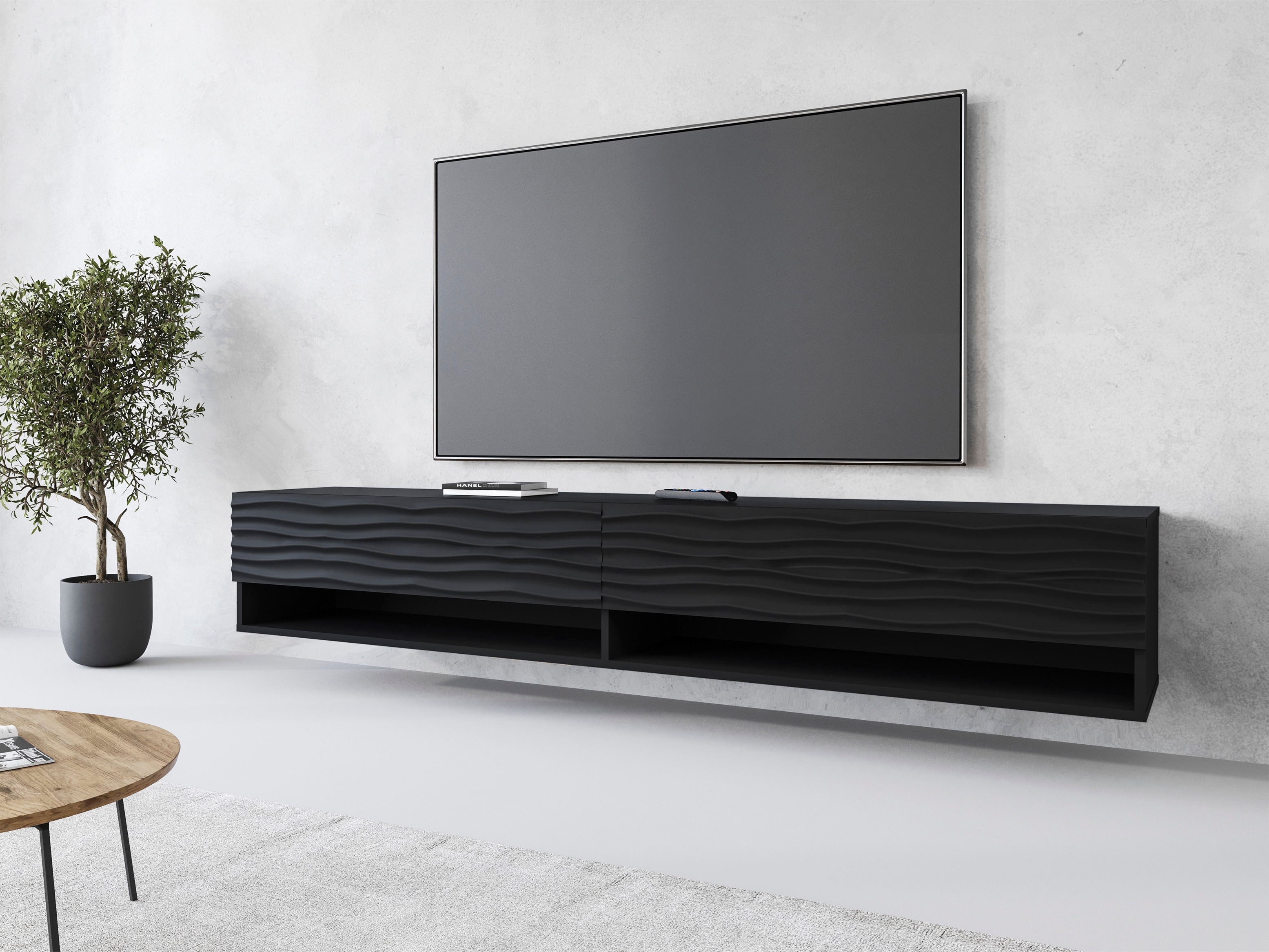 Lowboard INOSIGN, schwarz (schwarz matt, schwarz geriffelt), B:180cm H:30cm T:31cm, Sideboards, Lowboard, stehend und hängend