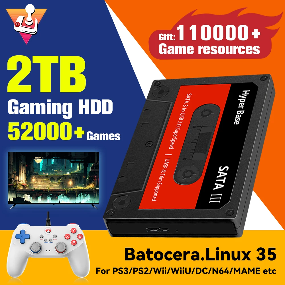 Batocera. linux 35 2TB Gaming-Festplatte für tragbare Spiele mit 52000 Spielen für ps3/ps2/wii/wiiu/n64/mame/ss für PC/Laptop/Mac