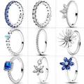 925 Silver Ring Blue Zircon Flower Shape Sparkling Herbarium Cluster Ring Row Eternity Women Pandor