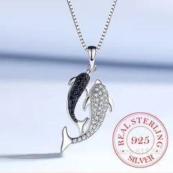 Echter 925er-Sterlingsilber-Schmuck, Kristall-Delfin-Box-Ketten-Anhänger und Halsketten für Frauen, solide Sterling-Silber-Halskette