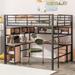 Full Size Metal Loft Bed with Built-in L-Shaped Desk and Bookcase, Multi-Functional Metal Loft Bed Frame with Storage Cabinet