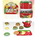 XEOVHV Tea Set for Little Girls 15 Pcs Tin Tea Set for Kids Tea Time Includes Teapot 4 Tea Cup and Saucers Set & 4 Snack Plates Llama Tea Party Set with Carrying Case