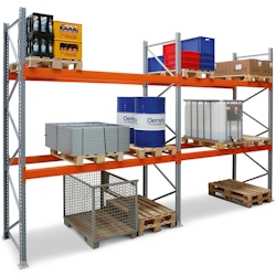 PROREGAL Palettenregal TAURUS | Grundregal | Tall | HxBxT 400x270x110cm | Fachlast 3000kg | 3 Ebenen | Silbergrau/Reinorange Image