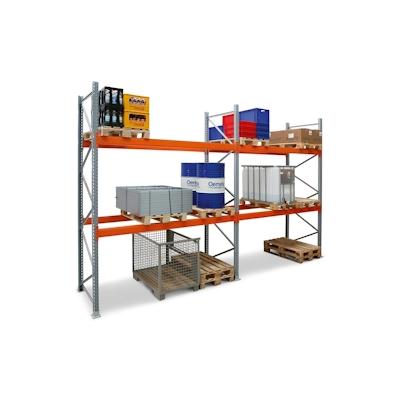PROREGAL Palettenregal TAURUS | Grundregal | Extra-Tall | HxBxT 450x270x110cm | Fachlast 3000kg | 4 Ebenen | Silbergrau/Reinorange Image