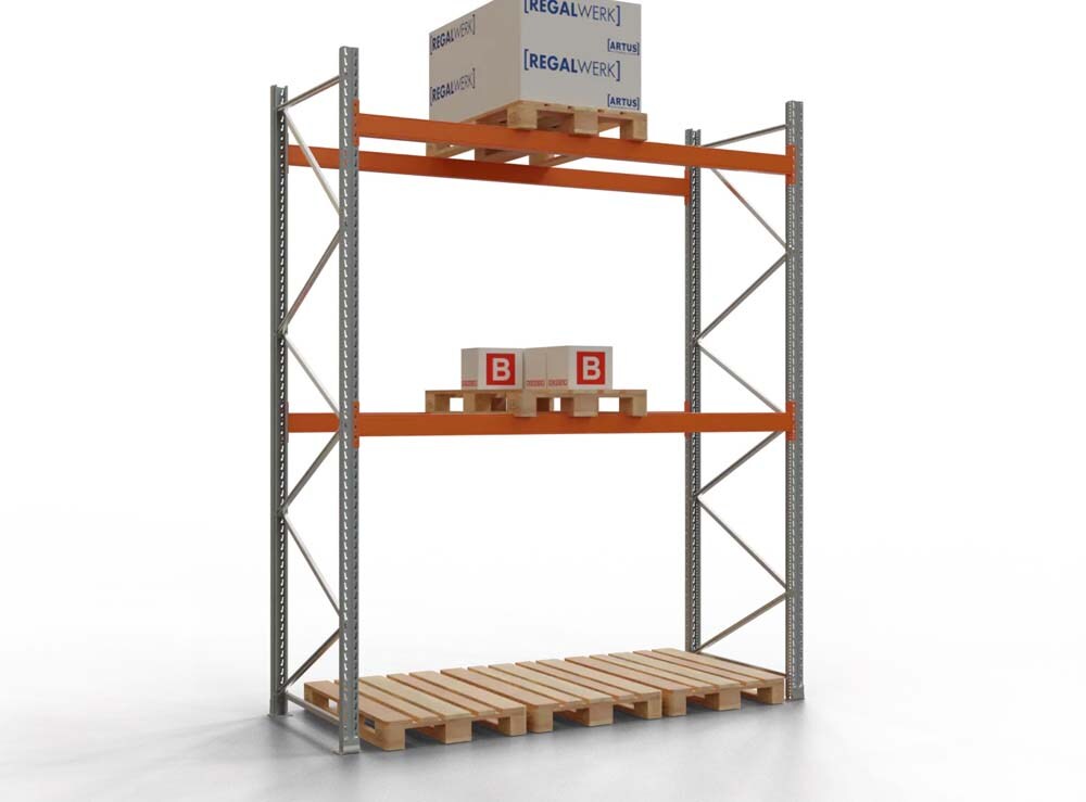 PROREGAL Palettenregal TAURUS | Grundregal | Medium | HxBxT 350x270x110cm | Fachlast 2000kg | 2 Ebenen | Silbergrau/Reinorange Image