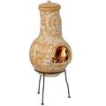 Outdoor Clay Chiminea Fireplace Sun Design Wood Burning Fire Pit with Sturdy Metal Stand Barbecue Cocktail Party Cozy Nights Fire Pit Terra Cotta