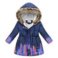 EGNMCR (5-12 Years) Kids Fall And Winter Cotton Coat Jacket Printed Long Hair Collar Coat Hooded Long-sleeved Zipper Coat Jacket