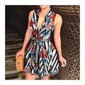 Elegant Chain Letter Print Shirt Dress Summer Women V-neck Bandage Button Dress Vintage Long Sleeve Mini Party Dresses Comfortable (Color : Striped Flower, Size : XXL.)