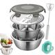 NAICISUM Multifunctional Stainless Steel Basin, Upgraded 6 In 1 Grater Colander Strainer Set, Ginger Cheese Grater Salad Rice Washer Drain Basket with Lid, Food Safety Holder & Egg Whisk