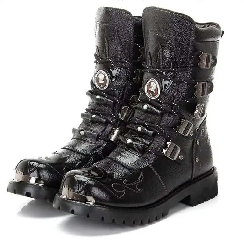 Stivali da moto da uomo invernali 2025 New Fashion Stivali punk con cintura gotica a metà polpaccio Scarpe alte da uomo in pelle PU Botas in peluche da uomo