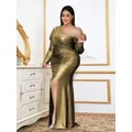 Plus Size abiti Curvy donna manica lunga spalla fredda oro vita alta lungo Prom fessura sera festa