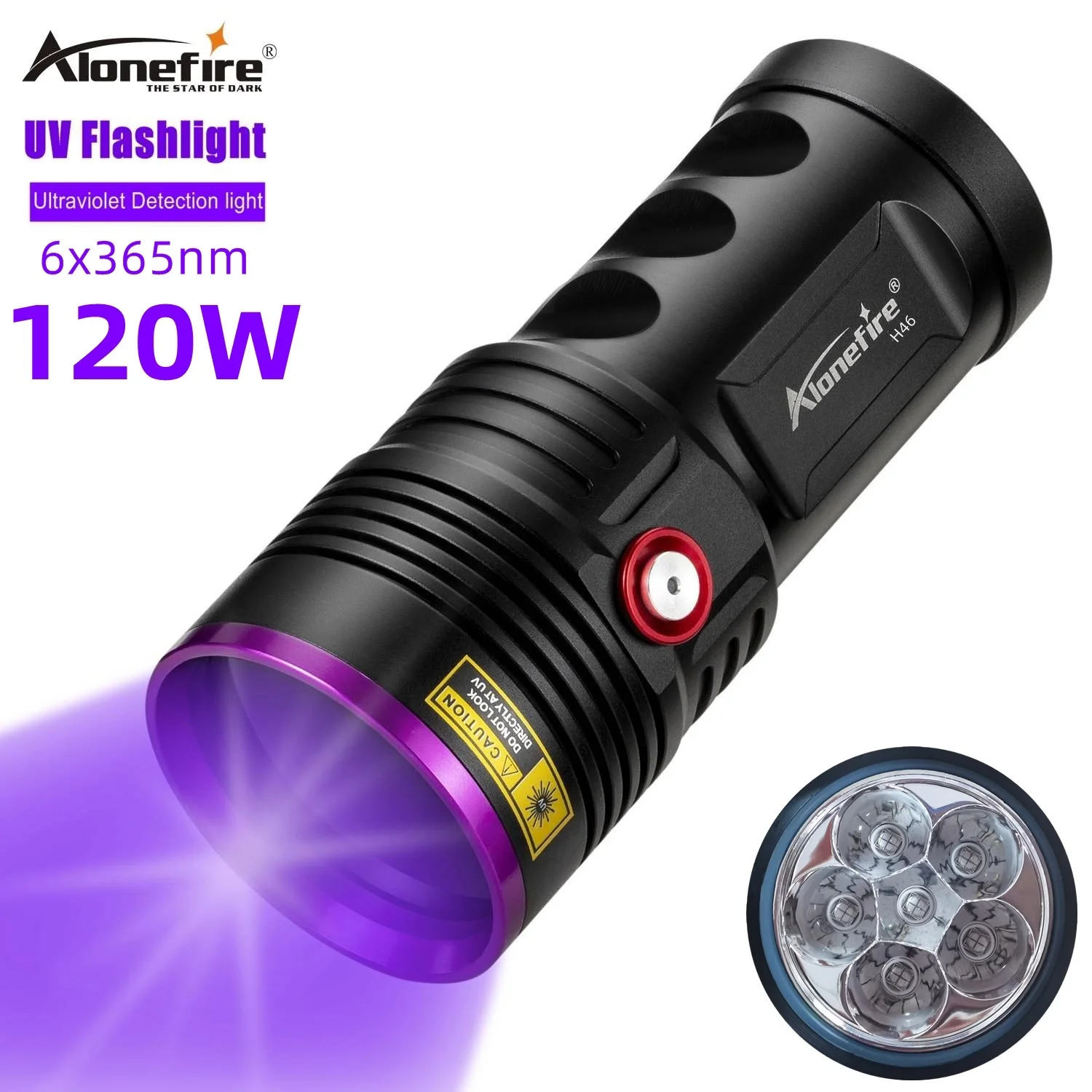 120 W 6 x 365 nm UV-leistungsstarke UV-Taschenlampe, wiederaufladbar, USB-Schwarzlicht-Taschenlampe, die Geld aushärtet, Erz, Skorpion, fluoreszierender Detektor Image