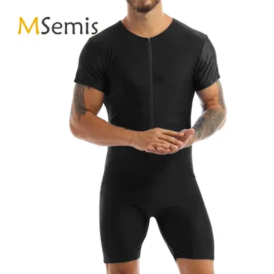 Bademode Herren Gymnastik Trikot Enger Body Badeanzug Frontreißverschluss Boxershorts Shorts Trikot Schwimmen Body Anzug Männlicher Overall Image