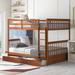 Full Over Full Bunk Bed with 2 Storage Drawers, Solid Wood Bunk Bed Frame with Ladders, Bedroom Furniture