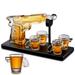 Bezrat Whiskey Gun Decanter Set with 4 Gun Shaped Shot Glasses on on Mahogany Tray