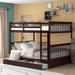 Full Over Full Bunk Bed with 2 Storage Drawers, Solid Wood Bunk Bed Frame with Ladders, Bedroom Furniture, Espresso