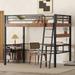 Full Size Loft Bed with Desk, Metal Loft Bed with Storage Shelf and Ladder, Space Saving, Loft Bed with Desk Underneath, Black