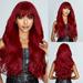 Red Wigs with Bangs Long Curly Wavy Wig for Women Natural Looking 26 Inches Synthetic Heat Resistant Fiber Wigs for Girls Daily Party Use