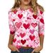 DENGDENG Valentine s Day 3/4 Sleeve T Shirts for Women Love Heart Printed Pattern Elbow Y2k Tops Fall Crew Neck Compression Shirts Woman Loose Fit Plus Size Vacation Clothes 2023 Trendy Red XL
