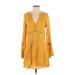 Fashion on Earth Casual Dress - A-Line Plunge Long sleeves: Yellow Print Dresses - Women's Size Small