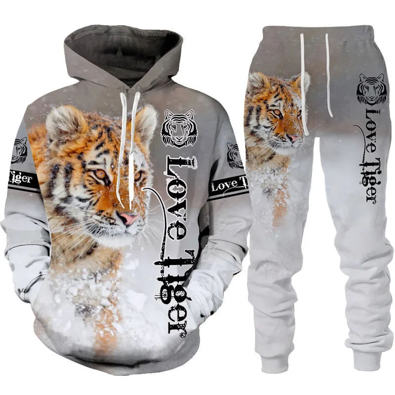Coole Tiger 3d Animal Print Hoodie Hosen Anzug Langarm Pullover Herren Sportswear Trainings anzug Paar Outfit zweiteiliges Jogging-Set Image