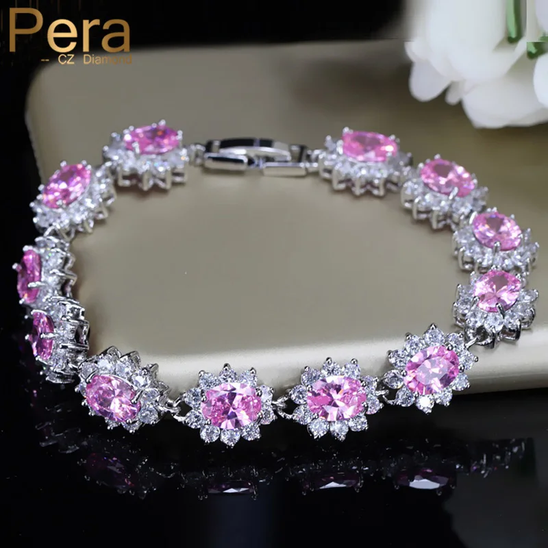 Pera Elegante Silber Überzogene Licht Rosa Cluster Blume Form Big Zirkonia Stein Schmuck Armbänder Armreifen für Frauen B013