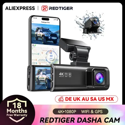 REDTIGER Dash-Kamera vorne und hinten 4k Dash Cam Drive Recorder für WiFi GPS Auto DVR für 24H Parkmodus Black Box für Auto