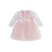 Baby Girl Tutu Tulle Dress Toddler Long Sleeve Feather Trim Mini Dress Fall Round Neck Princess Party Dress