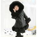 B91xZ Girls Outerwear Jackets Coat Winter Warm Faur Leather Button Down Jacket With Hood Long (Black 10-11 Years)