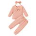 Wiueurtly 18 Month Girl Clothes Baby Girls Long Sleeve Solid Blouse Tops Cotton Pants Trousers With Headbands Outfit Set 3PCS Clothes