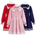 Godderr 2-8Y Kids Toddler Baby Girls Fall Knit Dress Baby Candy Color Casual Dress Lapel Lace Princess Dress Bowknot Knit Sweater Dress