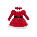 Toddler Baby Girl Christmas Outfit Long Sleeve Stars Patchwork Tulle Dress with Bow Headband Sets Xmas Party Dresses