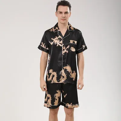 Männer Pyjamas Anzug Drucken Drache Nachtwäsche Satin 2PCS PJS Set Revers Shirt & Shorts Lounge Image