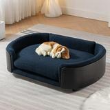 Elevated Dog Bed Pet Sofa With Solid Wood legs and Bent Soft Backrest Pet Cat Stool Bed with Cashmere Cushion for Small and Medium Size Dogs Kitten Large Size-Black + Blue