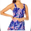 Lilly Pulitzer Tops | Lilly Pulitzer Zahara Ruffle Sports Bra Tank "Swim On Over" Nwt Women's L | Color: Blue/Pink | Size: L