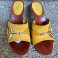 Gucci Shoes | Gucci Women's Suede Horsebit Yellow Peep Toe Wood Heels. | Color: Tan/Yellow | Size: 6