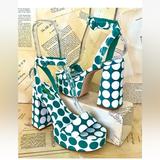Anthropologie Shoes | Anthropologie Larroude Dolly Platform Sandal Green White Patent Polka Dot | Color: Green/White | Size: 7