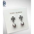 Tory Burch Jewelry | New Tory Burch Logo Pearl Drop Earrings In Britten Silver Grey Tone | Color: Silver | Size: Os