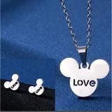 Disney Jewelry | Mickey Mouse Stainless Steel Necklace Earrings Matching Set | Color: Silver | Size: Os